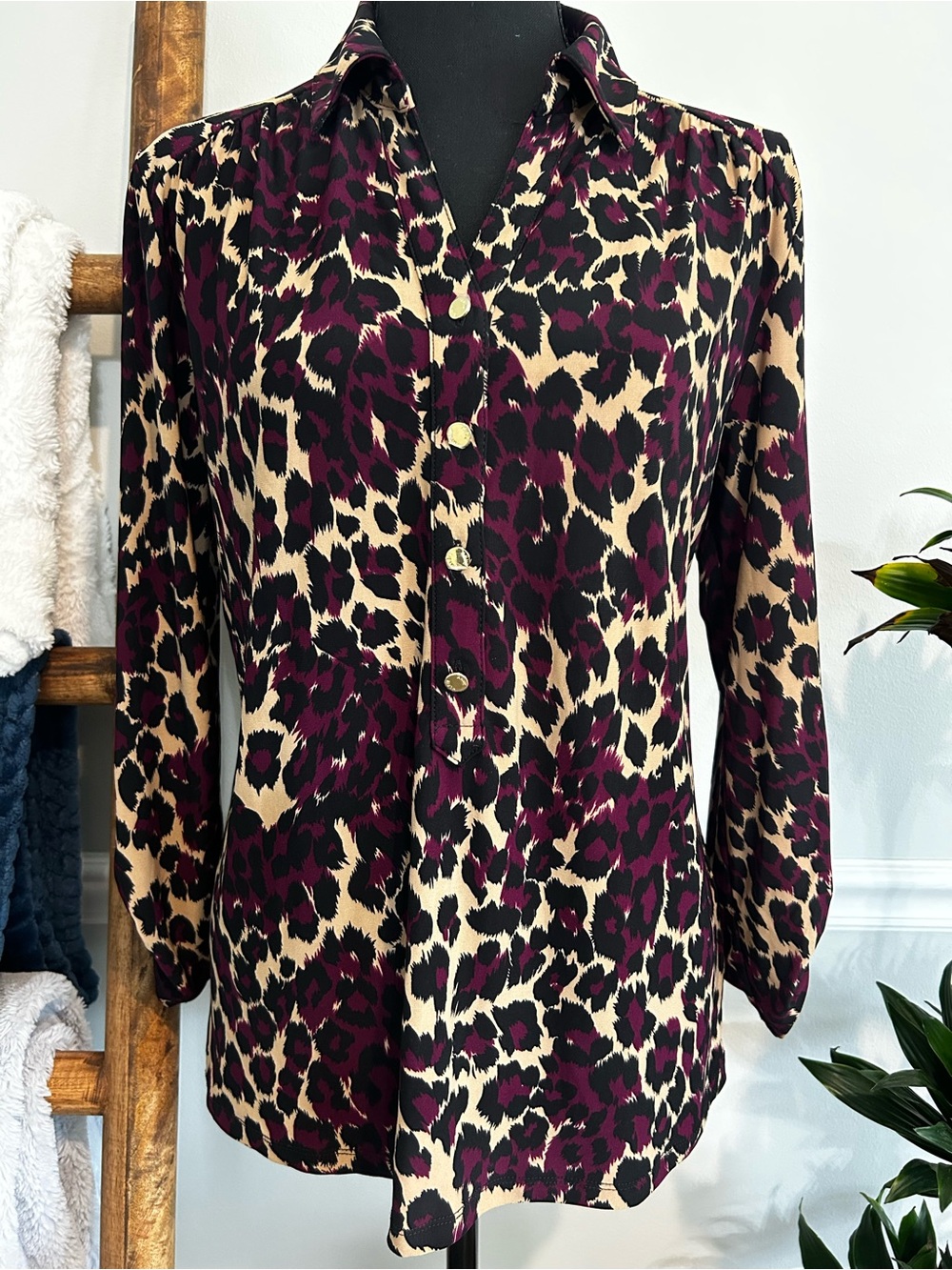 Anne Klein Leopard-Print Button-Front Jacket in Burgundy & Cream Size Medium